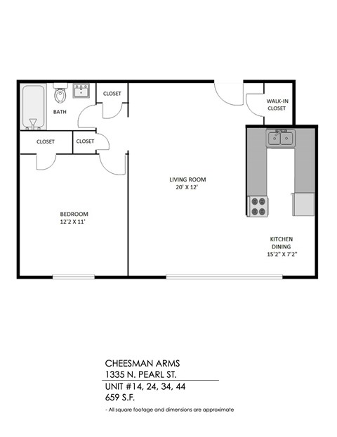 Floor plan for 1 bed, 1 bath, 713 sqft